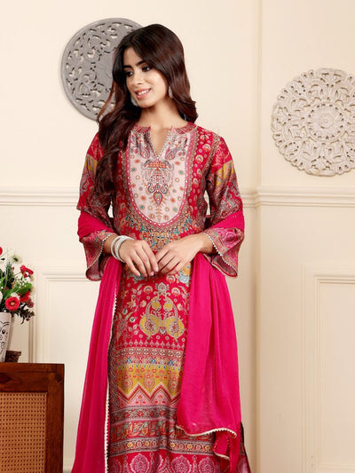 Indyancart VA Women'sEthnic Motifs Printed Gotta Patti Chanderi Silk Kurta With Trousers And Dupatta