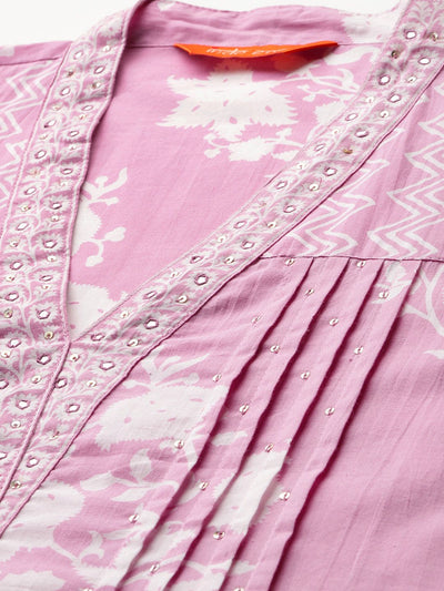Indyancart IE Floral Printed Pure Cotton Kurta with Trousers & Dupatta