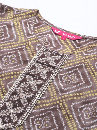Indyancart VA Women's Brown Bandhani Printed Gotta Patti Pure Cotton Kurta with Palazzos & With Dupatta