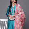 Dhiyona VA Women'sTurquoise Blue Thread Embroidered Yoke Kurta with Trouser with Printed Dupatta
