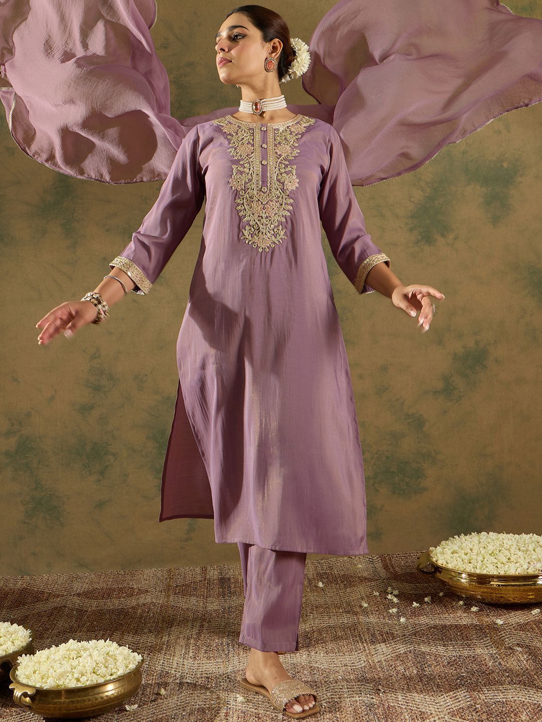 Ethnic Motifs Embroidered Regular Straight Kurta with Trousers & Dupatta