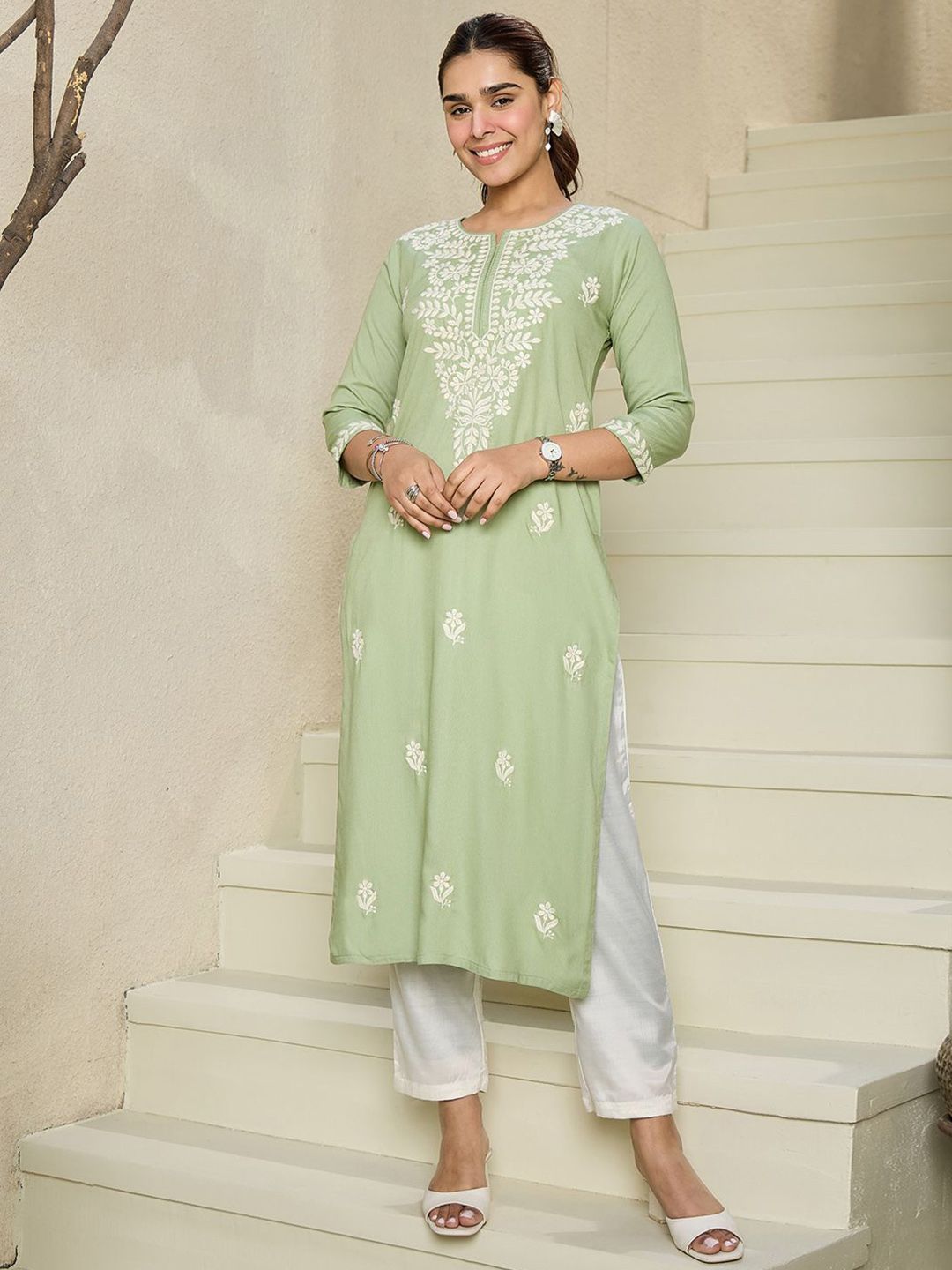 Indyancart IE Floral Embroidered Notch Neck Kurta