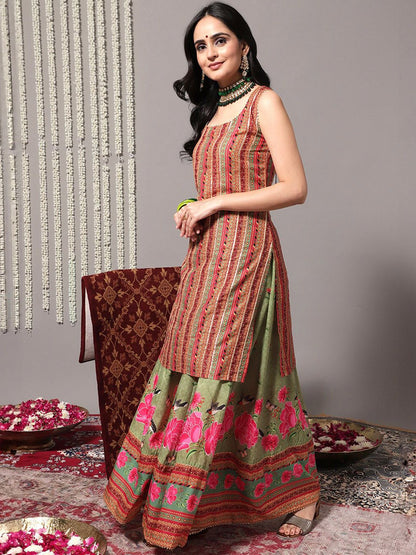 Indyancart VA Women'sEthnic Printed Gotta Patti Straight Kurta With Sharara & Dupatta