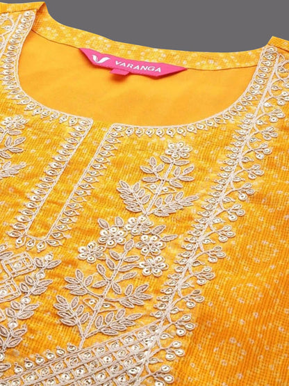 Indyancart VA Women'sBandhani Printed & Zari Detail Regular Kurta with Trousers & With Dupatta