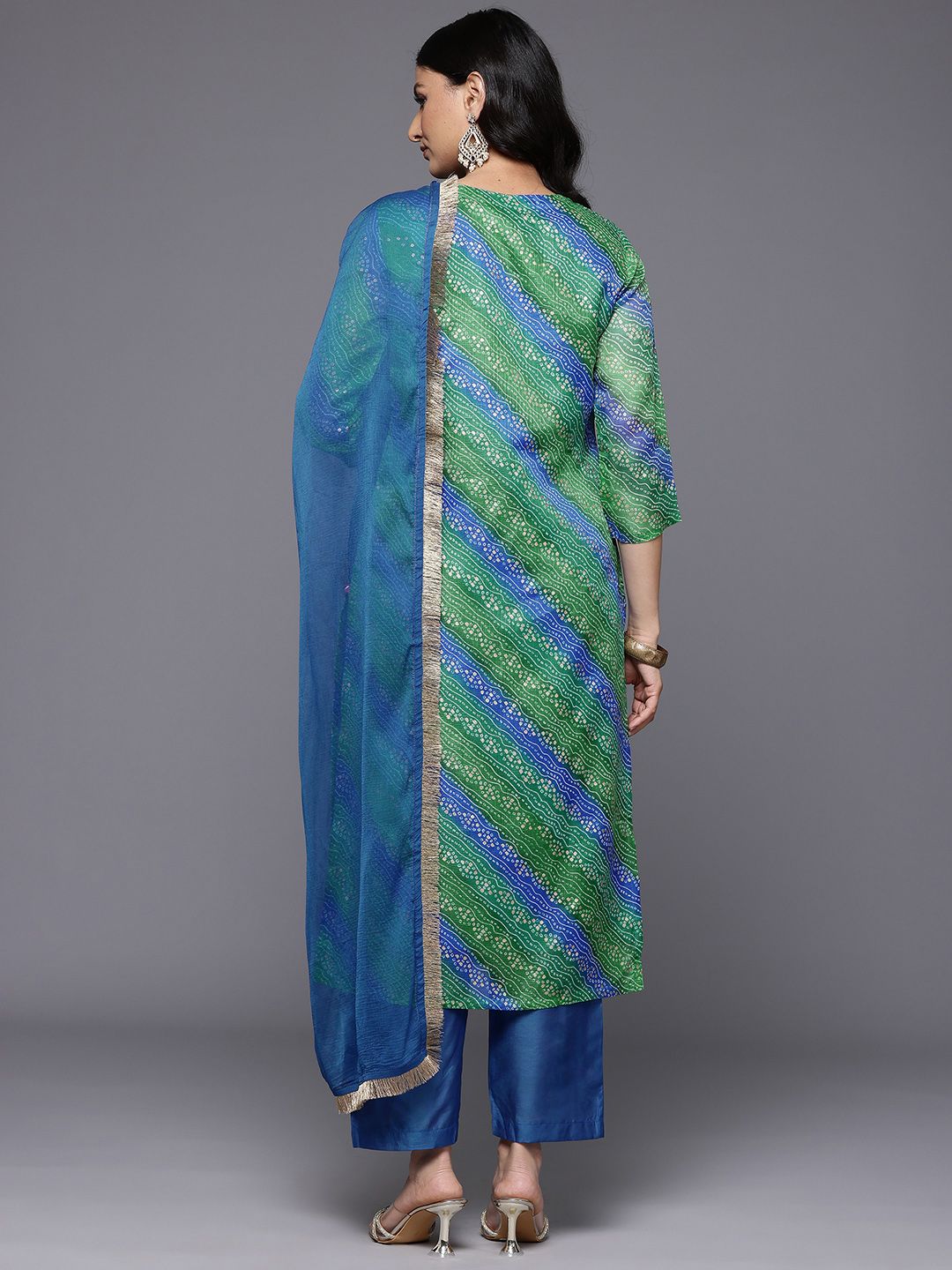 Dhiyona VA Women's Bandhani Printed Zari Embroidered Kurta with Trousers & With Dupatta