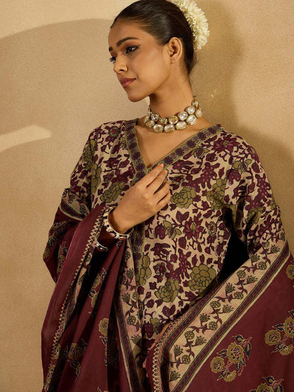 Indyancart IE Floral Printed Regular Pure Cotton Straight Kurta With Trousers & Dupatta