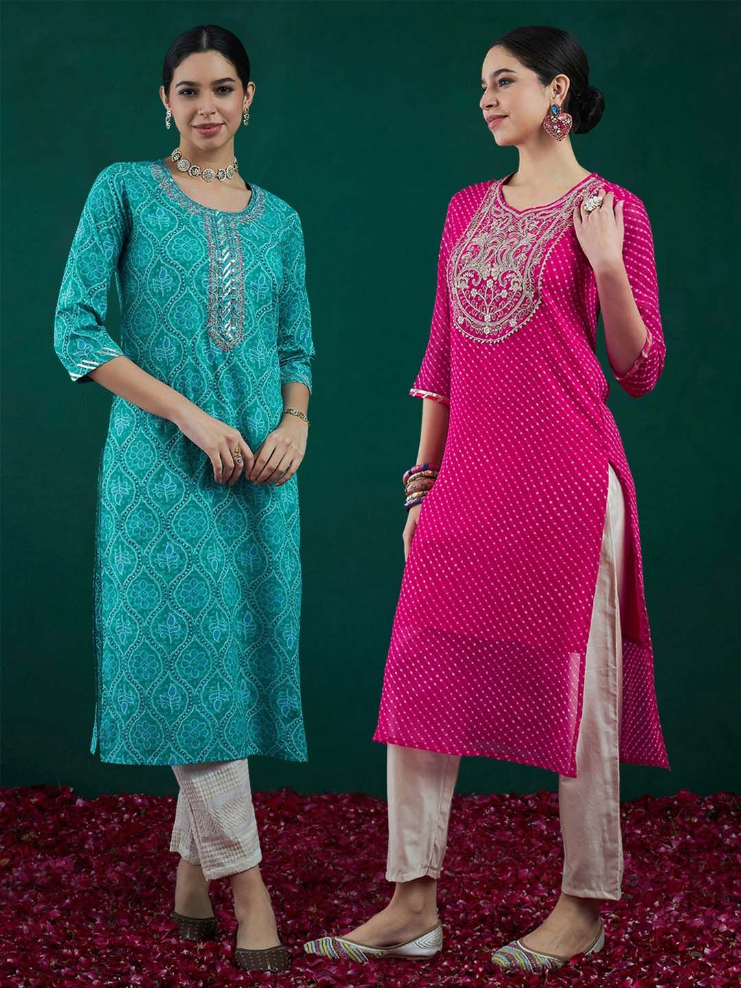 Indyancart IE Pack of 2 Leheriya Printed Thread Work Straight Kurta