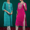 Indyancart IE Pack of 2 Leheriya Printed Thread Work Straight Kurta
