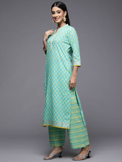 Dhiyona IE Women Blue Ethnic Motifs Printed Pure Cotton Kurta with Palazzos & With Dupatta