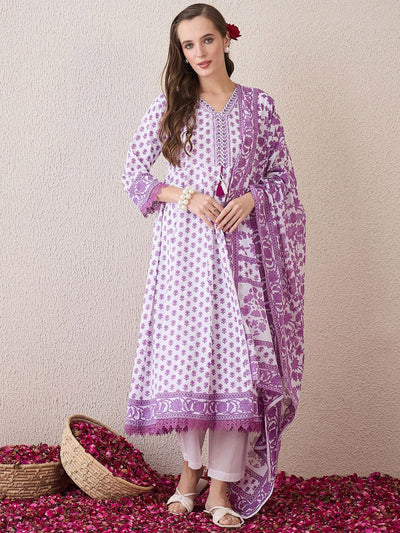 Indyancart IE Floral Printed V-Neck Empire Pure Cotton Anarkali Kurta With Trouser And Dupatta
