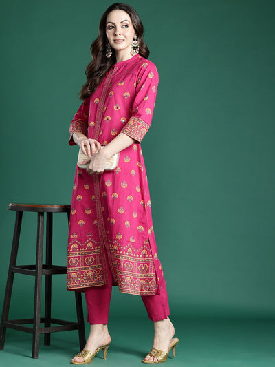Indyancart IE Ethnic Motifs Printed Pure Cotton Kurta with Trousers