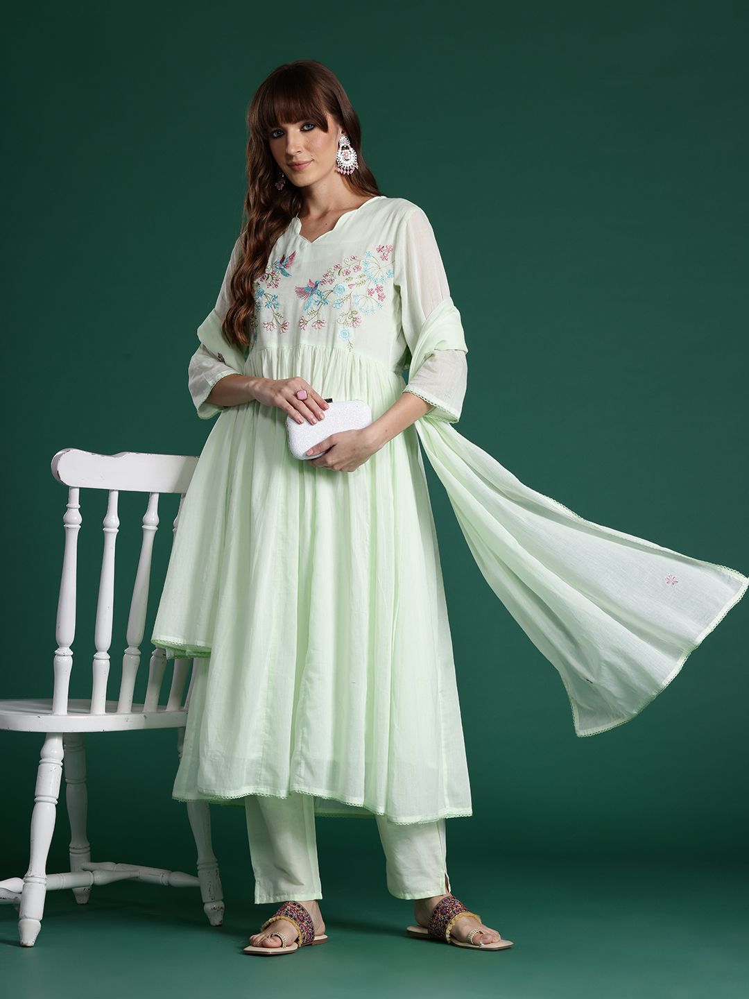 Indyancart IE Floral Embroidered Pleated Thread Work Pure Cotton Kurta with Trousers & Dupatta