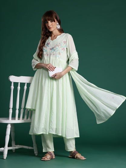 Indyancart IE Floral Embroidered Pleated Thread Work Pure Cotton Kurta with Trousers & Dupatta