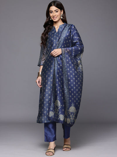 Indyancart VA Women's Floral Printed Chanderi Silk Kurta with Trousers & Dupatta