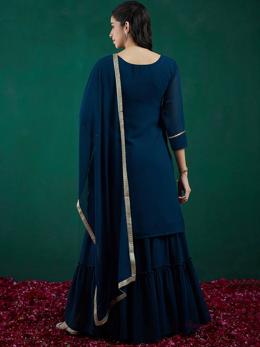 Indyancart IE Floral Embroidered Regular Sequinned Kurta With Sharara & Dupatta