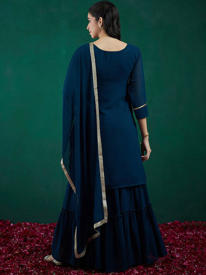 Indyancart IE Floral Embroidered Regular Sequinned Kurta With Sharara & Dupatta