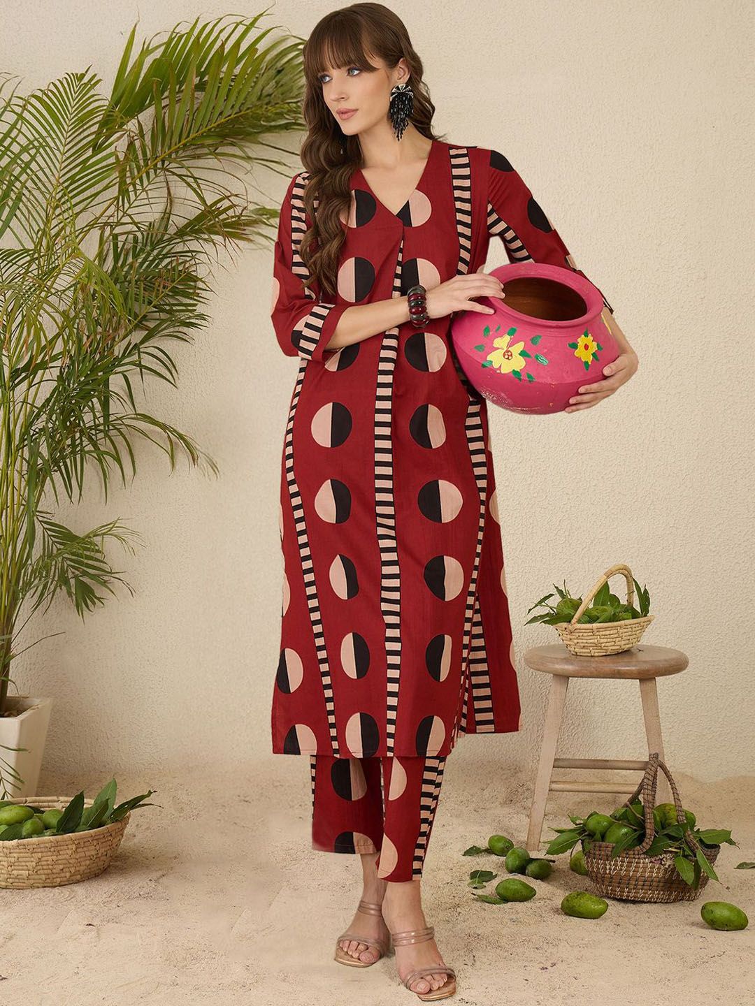 Indyancart IE Printed Pure Cotton Straight Tunic & Trousers Co-Ord Set