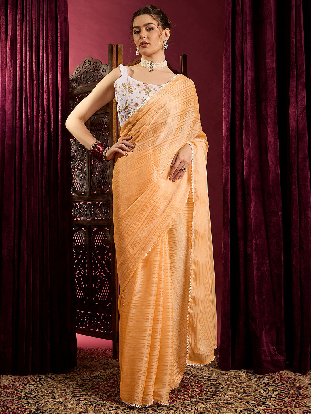 Women's Chiffon Yellow Solid Celebrity Saree With Blouse Piece