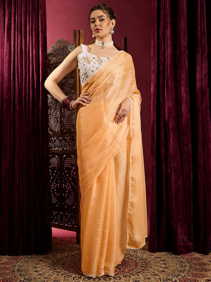 Women's Chiffon Yellow Solid Celebrity Saree With Blouse Piece