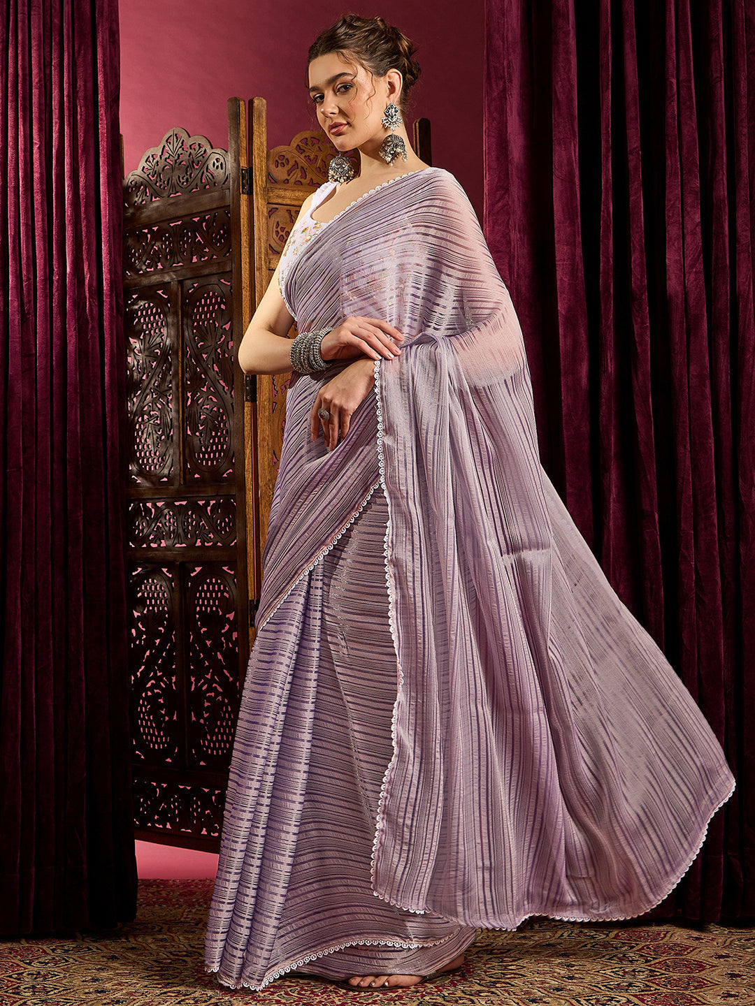 Women's Chiffon Lavender Solid Celebrity Saree With Blouse Piece