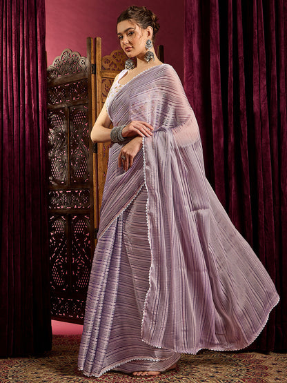 Women's Chiffon Lavender Solid Celebrity Saree With Blouse Piece