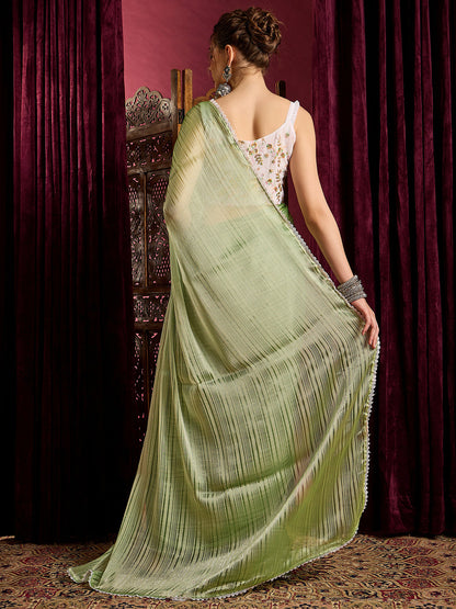 Women's Chiffon Green Solid Celebrity Saree With Blouse Piece