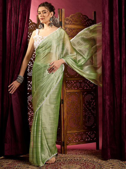 Women's Chiffon Green Solid Celebrity Saree With Blouse Piece