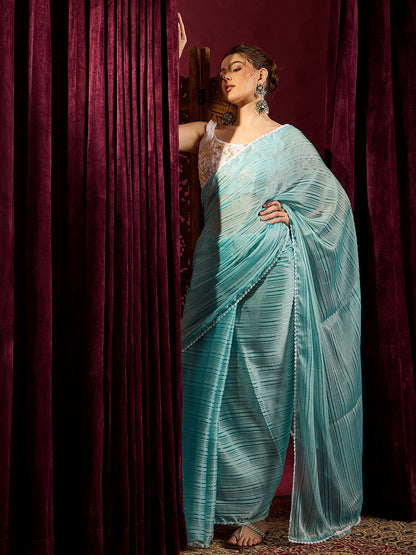 Women's Chiffon Blue Solid Celebrity Saree With Blouse Piece