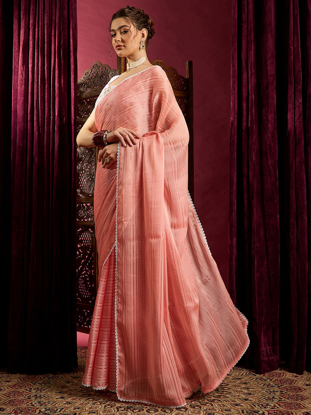 Women's Chiffon Peach Solid Celebrity Saree With Blouse Piece