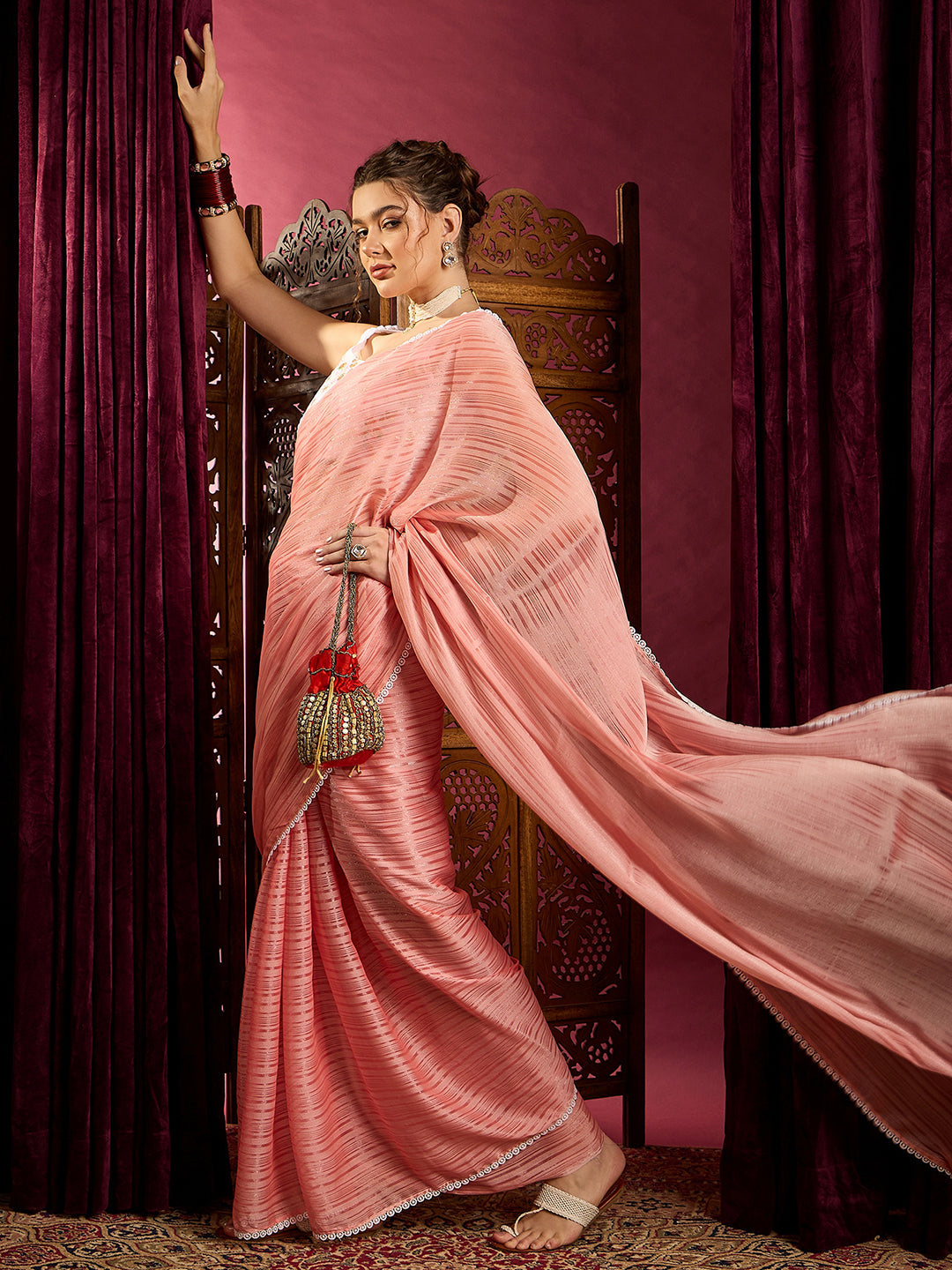 Women's Chiffon Peach Solid Celebrity Saree With Blouse Piece