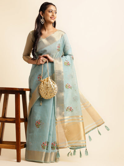 Indyancart GR Women's Kashmira Sky Cotton Silk Saree