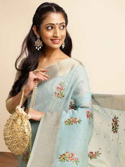 Indyancart GR Women's Kashmira Sky Cotton Silk Saree