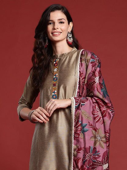 Indyancart IE Floral Embroidered Thread Work Kurta with Trousers & With Dupatta