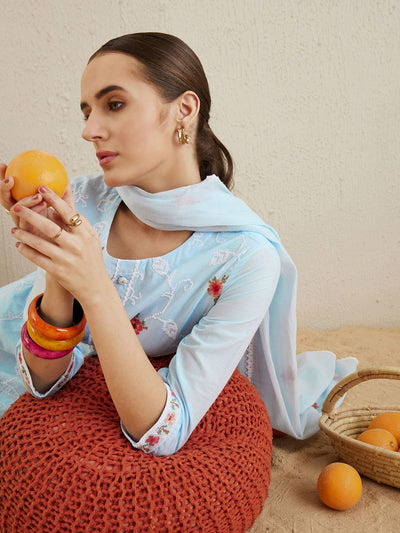 Indyancart IE Ethnic Motifs Embroidered Thread Work Pure Cotton Kurta with Trousers & Dupatta