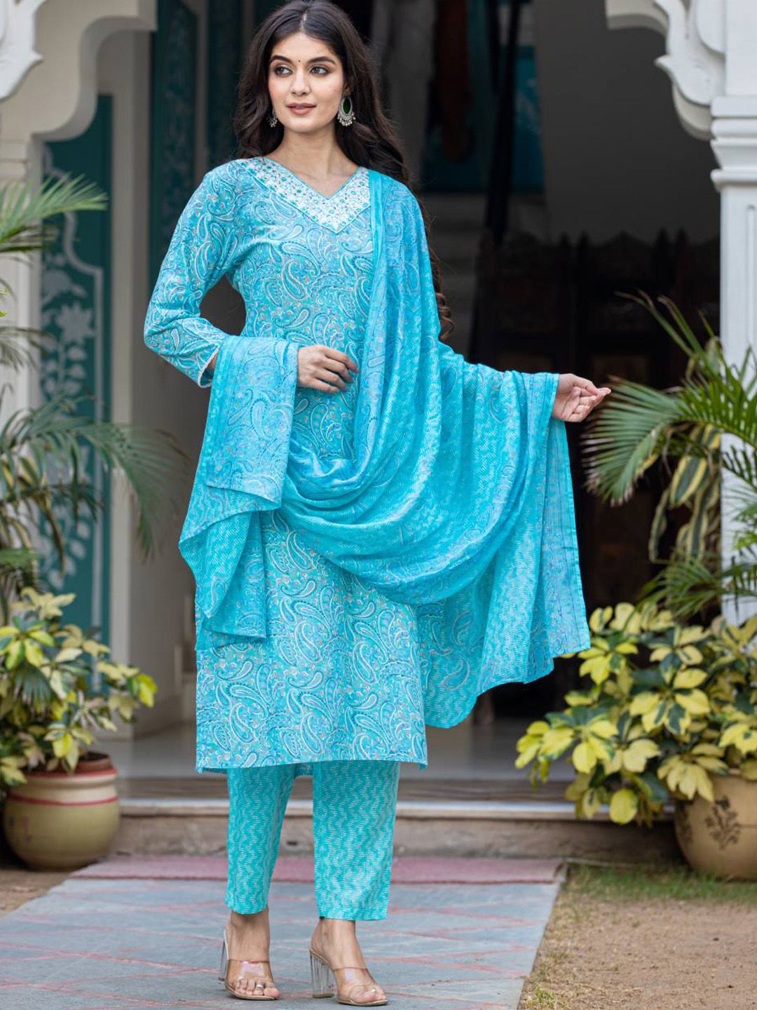 Indyancart VA Women'sPaisley Printed Regular Mirror Work Kurta with Trouser & Dupatta