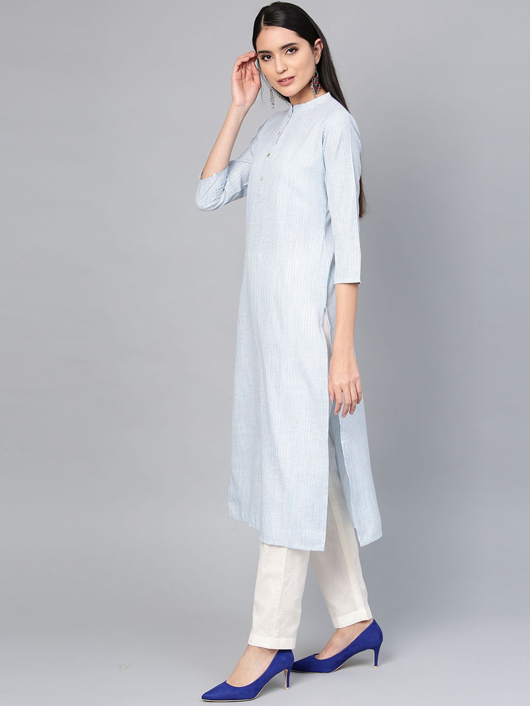 Dhiyona IE Women Sea Green & Cream-Coloured Striped Straight Kurta