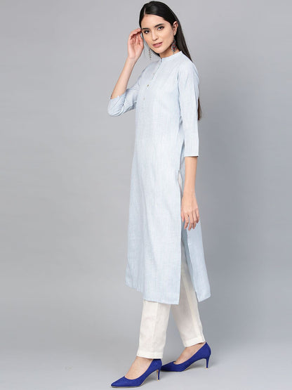 Dhiyona IE Women Sea Green & Cream-Coloured Striped Straight Kurta