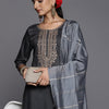 Indyancart VA Women's Grey Ethnic Motifs Yoke Design Kurta with Trousers & With Dupatta