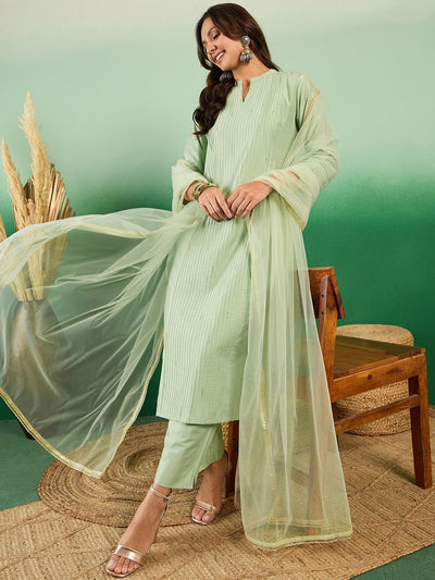 Indyancart SN Women's Pure Cotton Band Collar Kurta With Trousers & Dupatta