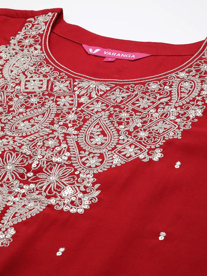 Indyancart VA Women'sPaisley Embroidered Zari Kurta with Trousers & Dupatta