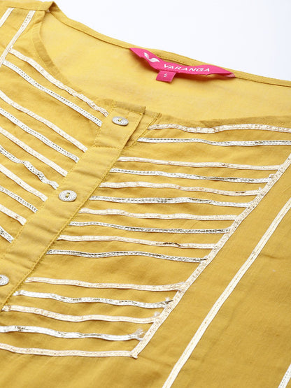 Indyancart VA Women's Mustard Yellow & Yellow Gotta Patti Cotton Kurta with Palazzos & Dupatta