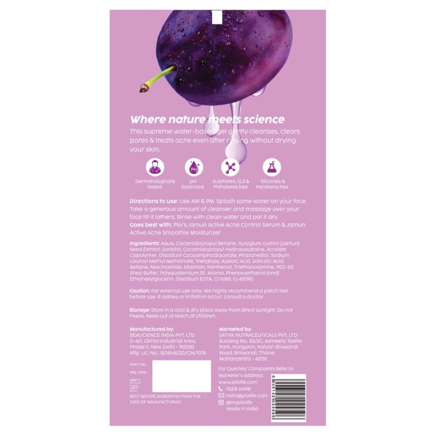 Plix 0.5% Salicylic Acid Jamun Face Wash Cleanser For Active Acne & Oil Control, Acne Breakouts