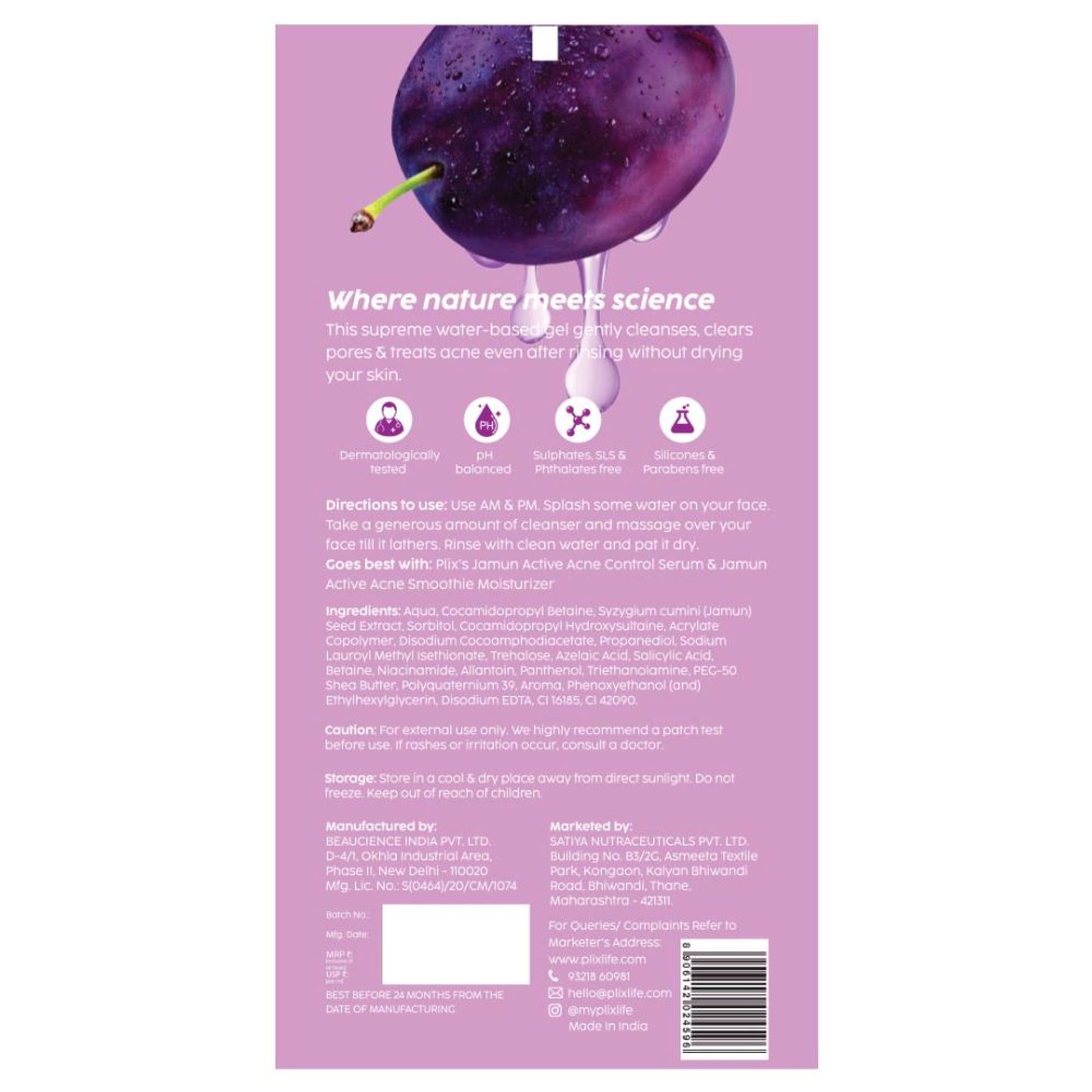 Plix 0.5% Salicylic Acid Jamun Face Wash Cleanser For Active Acne & Oil Control, Acne Breakouts
