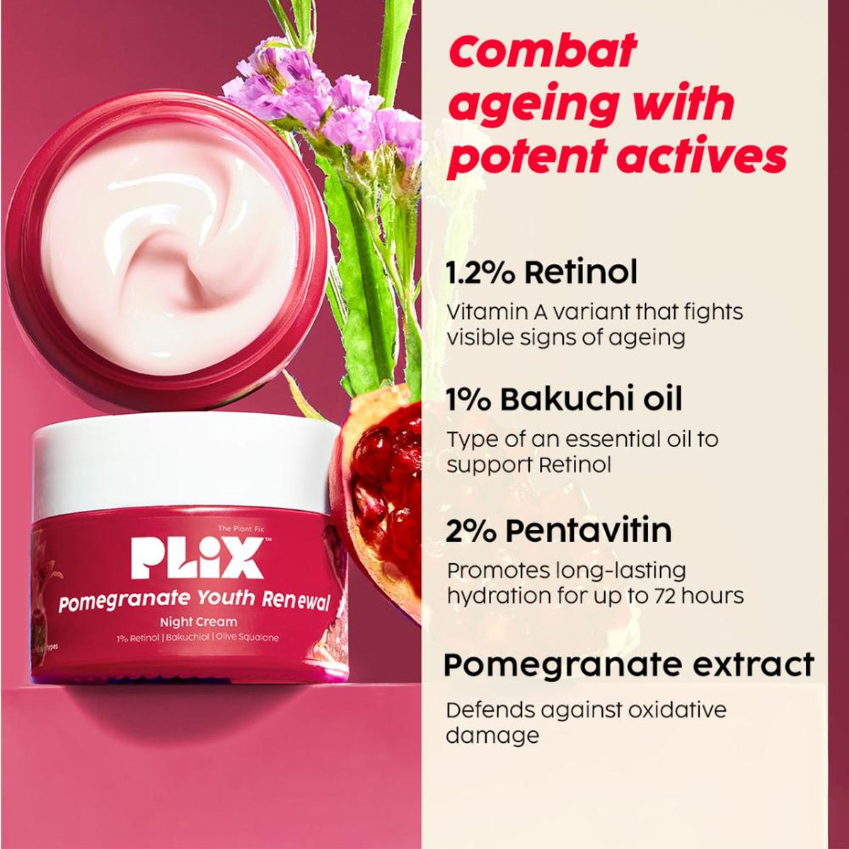 Plix 1.20% Retinol & 1% Bakuchi Oil Pomegranate Anti Ageing Night Cream, Reduce Fine Line & Wrinkles