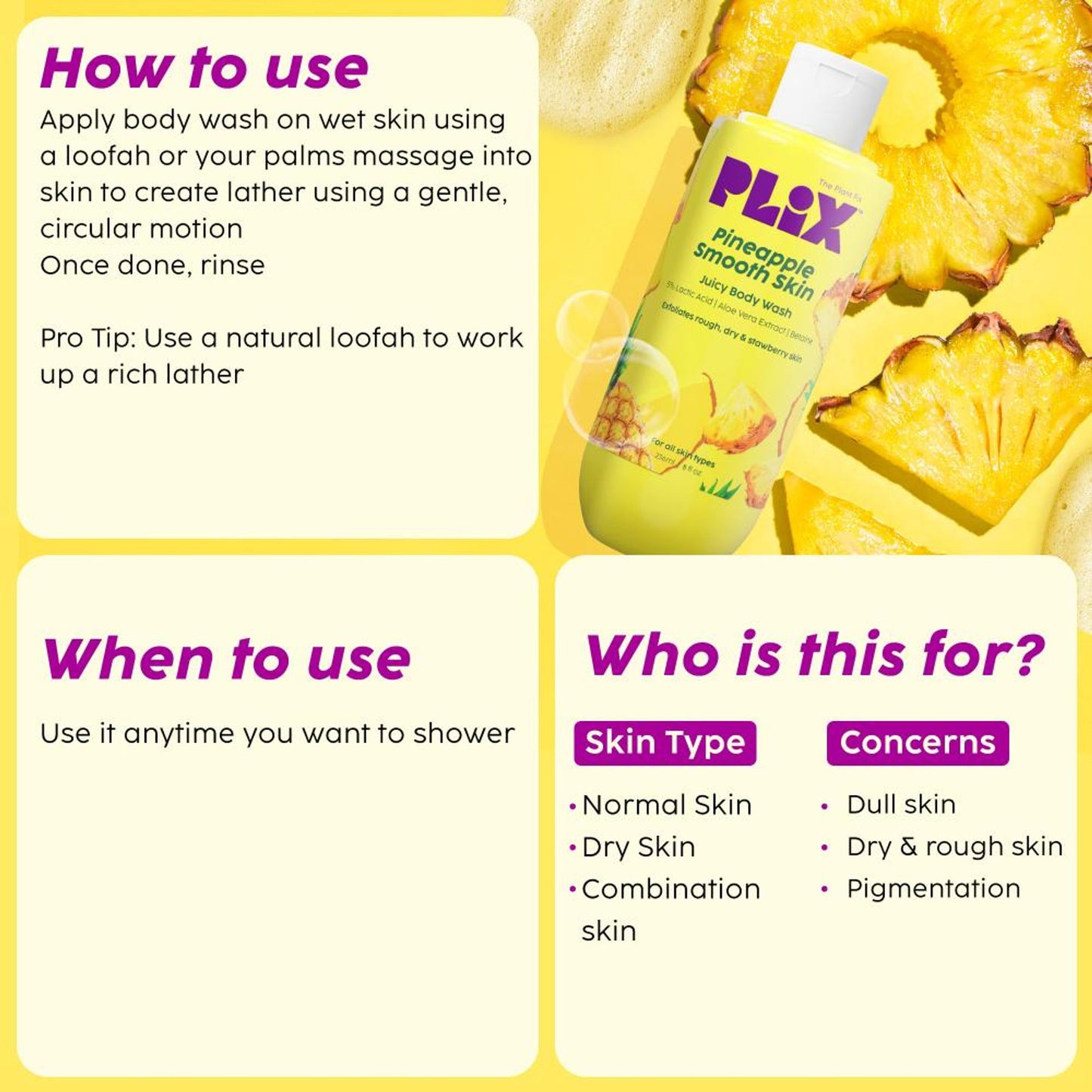 Plix Pineapple 5% Lactic Acid Body Wash Exfoliates Dry, Rough & Strawberry Skin With Deep Cleansing