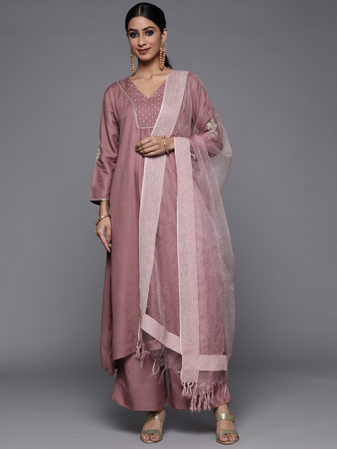 Indyancart VA Women's Mauve Embroidered Kurta with Palazzos & With Dupatta