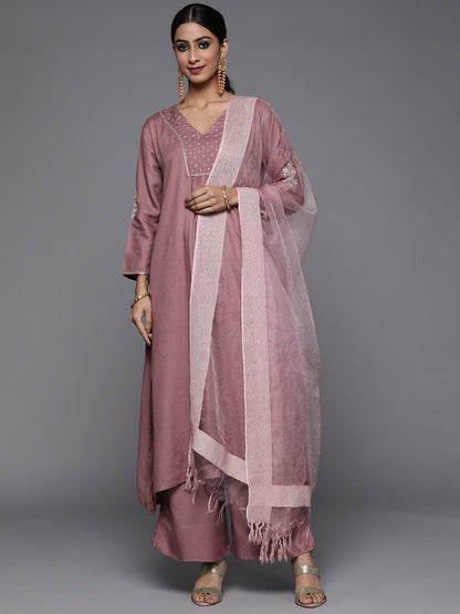 Indyancart VA Women's Mauve Embroidered Kurta with Palazzos & With Dupatta