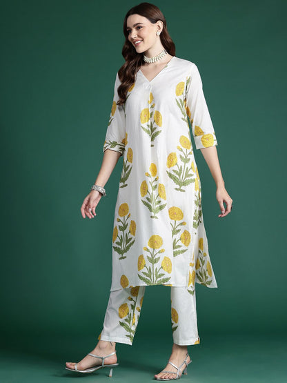 Indyancart IE Floral Printed Pleated Pure Cotton Kurta with Trousers