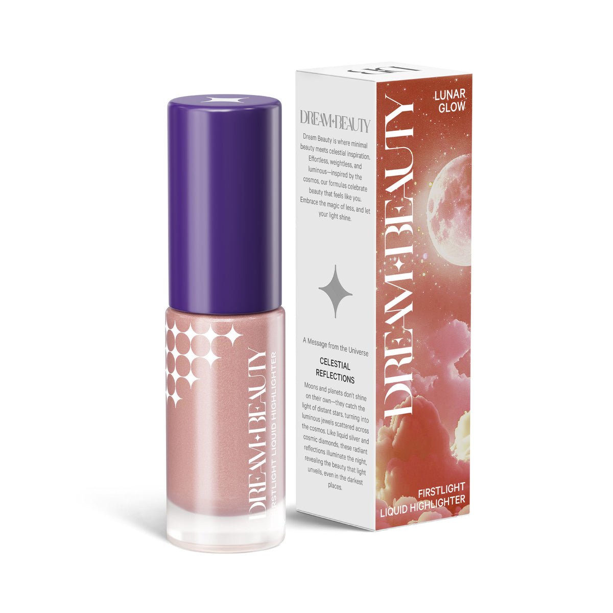 Dream Beauty Firstlight Liquid Highlighter in Lunar Glow, with a sleek bottle and shimmering glow for radiant skin.