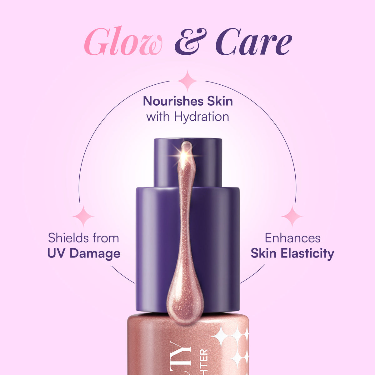 Dream Beauty Firstlight Liquid Highlighter in Lunar Glow, featuring a sleek bottle and a luminous glow for radiant skin.